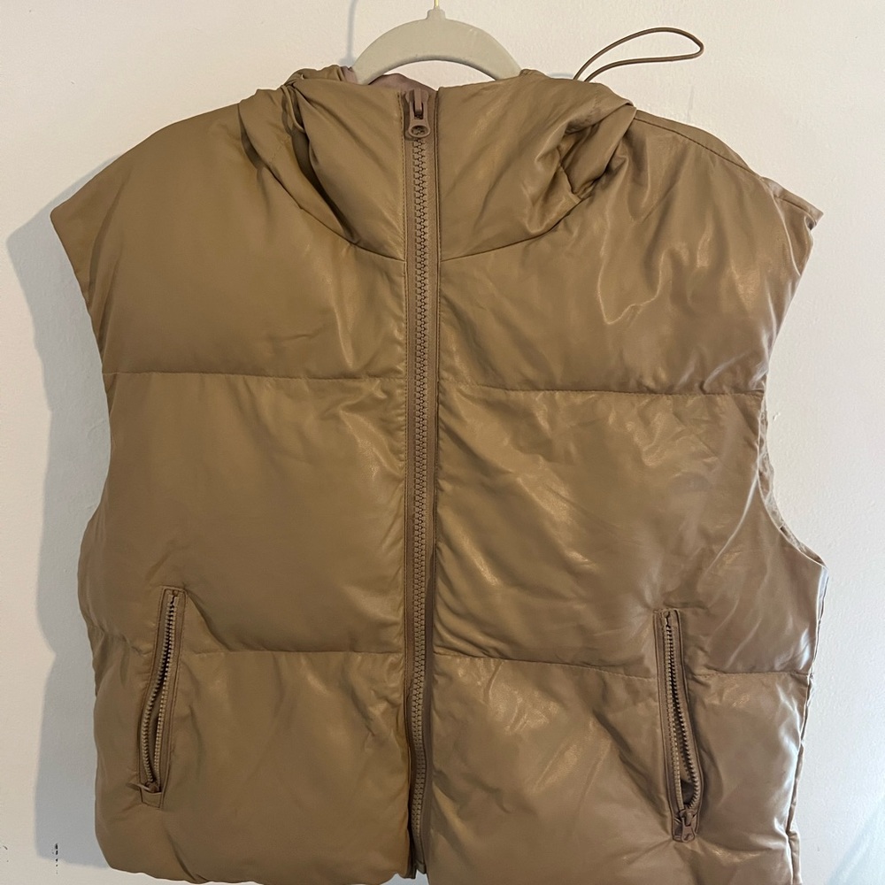 Tan Puffer Vest with Hood